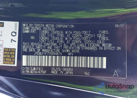 2007 Toyota Fj Cruiser z USA, uszkodzony, nr VIN JTEBU11F770094874